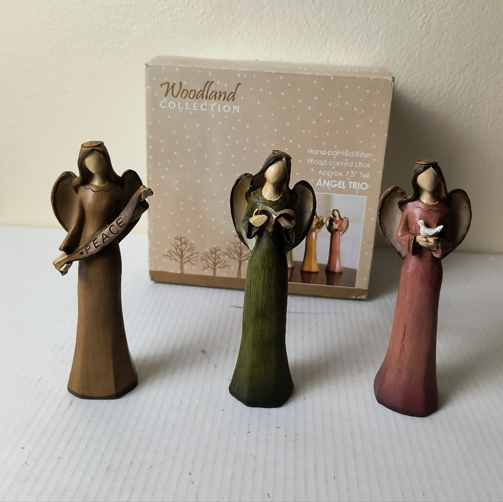Woodland Collection Angel Trio Figurines Hand- Painted Resin Wood-Carved Look